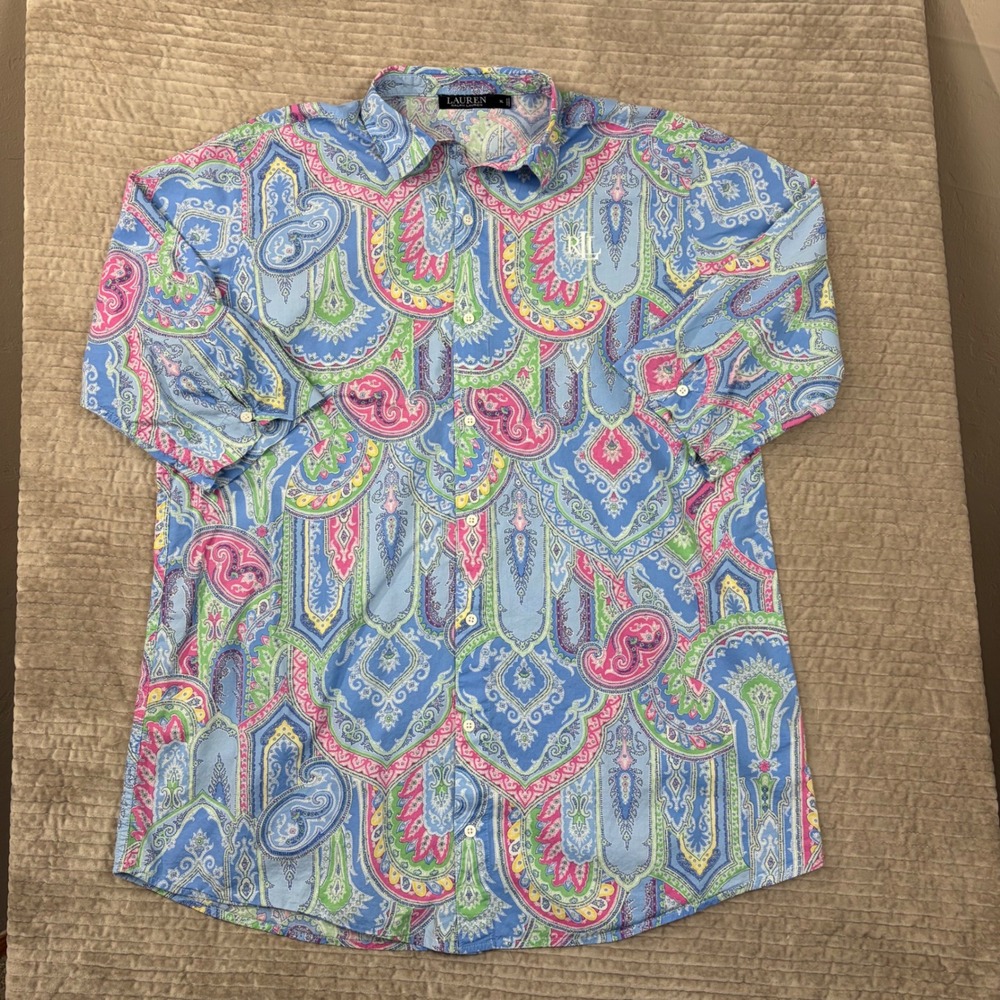 Lauren Ralph Lauren Paisley Monogram Sleep Shirt Nightgown XL Blue Pink LN32237